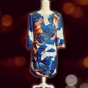 NWOT Vince Camuto Blue & Copper Abstract Watercolor Print Pleated Shift Dress 8